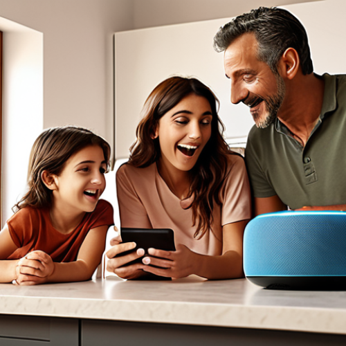 ** A modern Italian family (parents and children) gathered around a smart speaker device (like Amazon Echo or Google Nest). The scene is warm and inviting, set in a typical Italian kitchen. The family is interacting with the device, perhaps asking it about scheduling or playing music. Focus on the joyful interaction and connection facilitated by the technology.

**