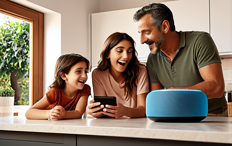 ** A modern Italian family (parents and children) gathered around a smart speaker device (like Amazon Echo or Google Nest). The scene is warm and inviting, set in a typical Italian kitchen. The family is interacting with the device, perhaps asking it about scheduling or playing music. Focus on the joyful interaction and connection facilitated by the technology.

**