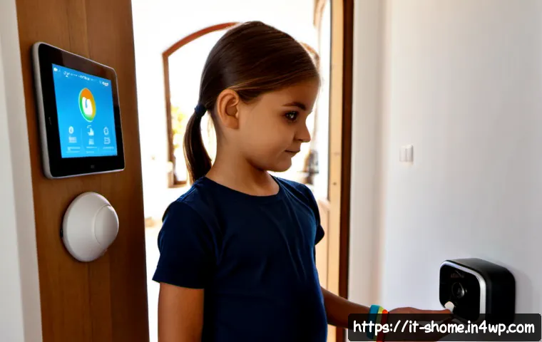 IoT 기기를 활용한 어린이 안전 관리 시스템 - Photorealistic Italian family apartment entryway, a fully clothed young child wearing a small smart ...