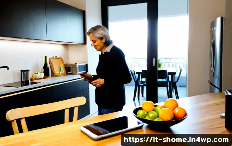 IoT 기기를 통한 가정의 수명 연장 전략 - Photorealistic modern Italian family kitchen in a sunlit Milan apartment, a middle-aged homeowner us...